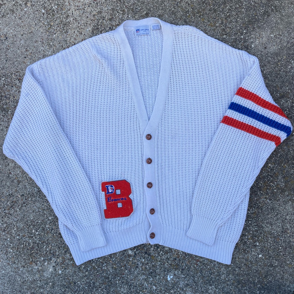 VINTAGE NFL CLIFF ENGLE Denver Broncos Letterman Cardigan Wool Blend Sweater Vtg